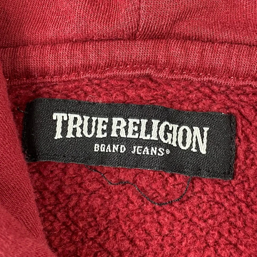 True Religion Men's XL Zip-Up Hoodie Maroon Buddha Horseshoe Graphic Sweatshirt